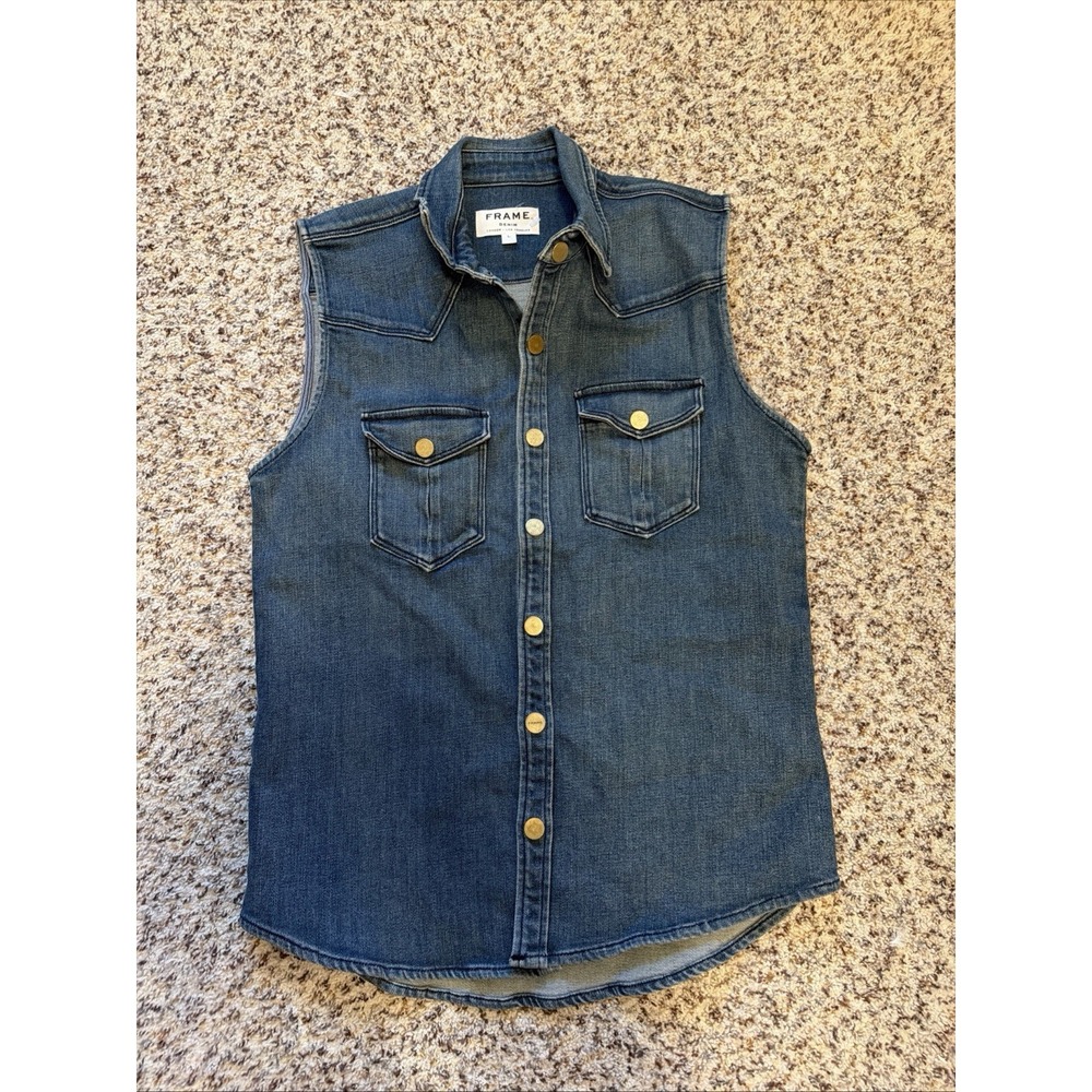 Frame Vest Shirt Women's Sz L Blue Denim Trucker Relax Snaps